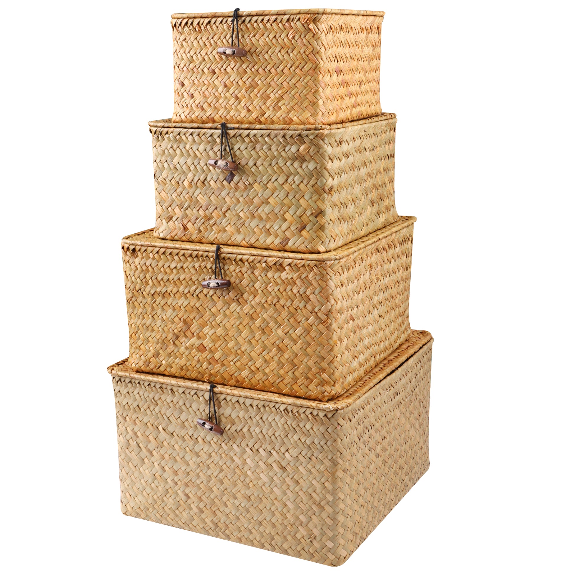 Set of 4 Seagrass Baskets with Lid, Wicker Storage Organizer for Shelf, Flat Storage Bins and Decor