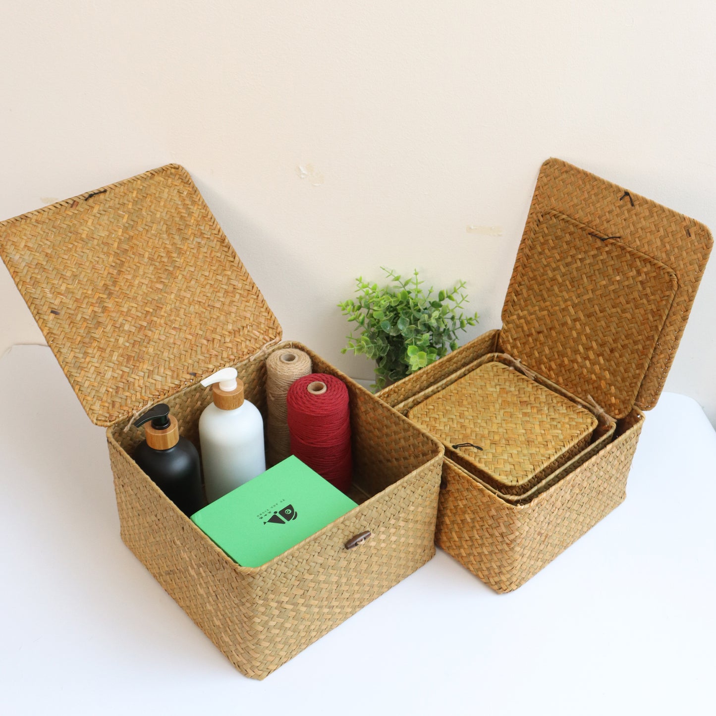 Set of 4 Seagrass Baskets with Lid, Wicker Storage Organizer for Shelf, Flat Storage Bins and Decor