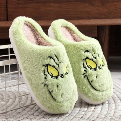 Comfortable Cotton Mop Slippers for Women, Autumn Winter Fashion, Plus Size, Green Fur Monster Indoor Slippers