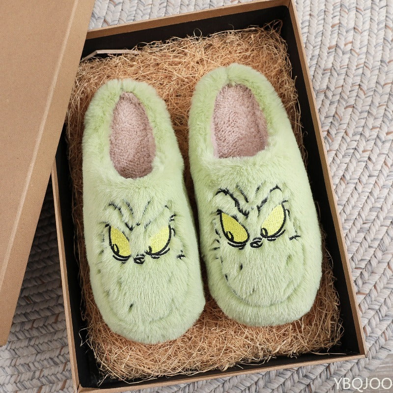 Comfortable Cotton Mop Slippers For Women Autumn Winter Fashion Plus Size Green Fur Monster Indoor  1