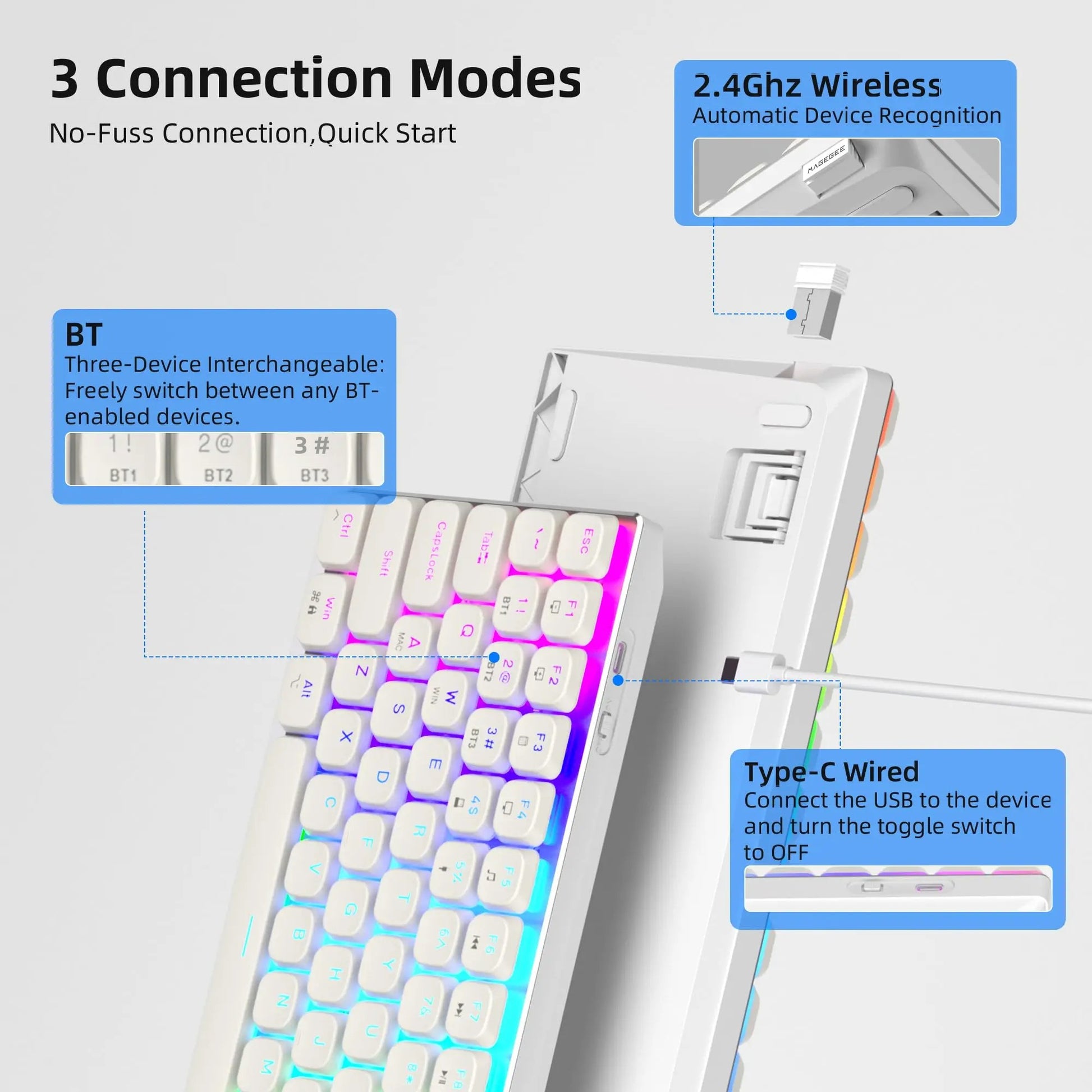 Wireless RGB Mechanical Keyboard Moon84 24GHz Bluetooth USBC Wired Office White Triple Mode For PC  1