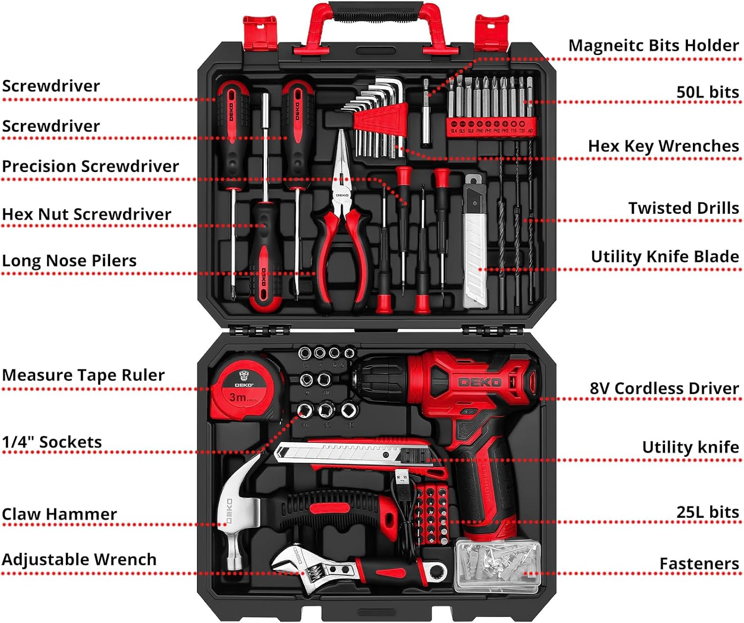 Red Cordless Drill, Multi-functional Tool Set for Women, Home DIY Tool Kit, Hand Tool Kit with Drill and Accessories