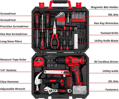 Red Cordless Drill, Multi-functional Tool Set for Women, Home DIY Tool Kit, Hand Tool Kit with Drill and Accessories
