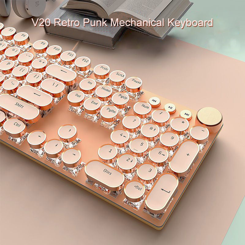 Punk Typewriter Mechanical Gaming Keyboard LED White Backlit Round Keycaps KeyWire Separation 3