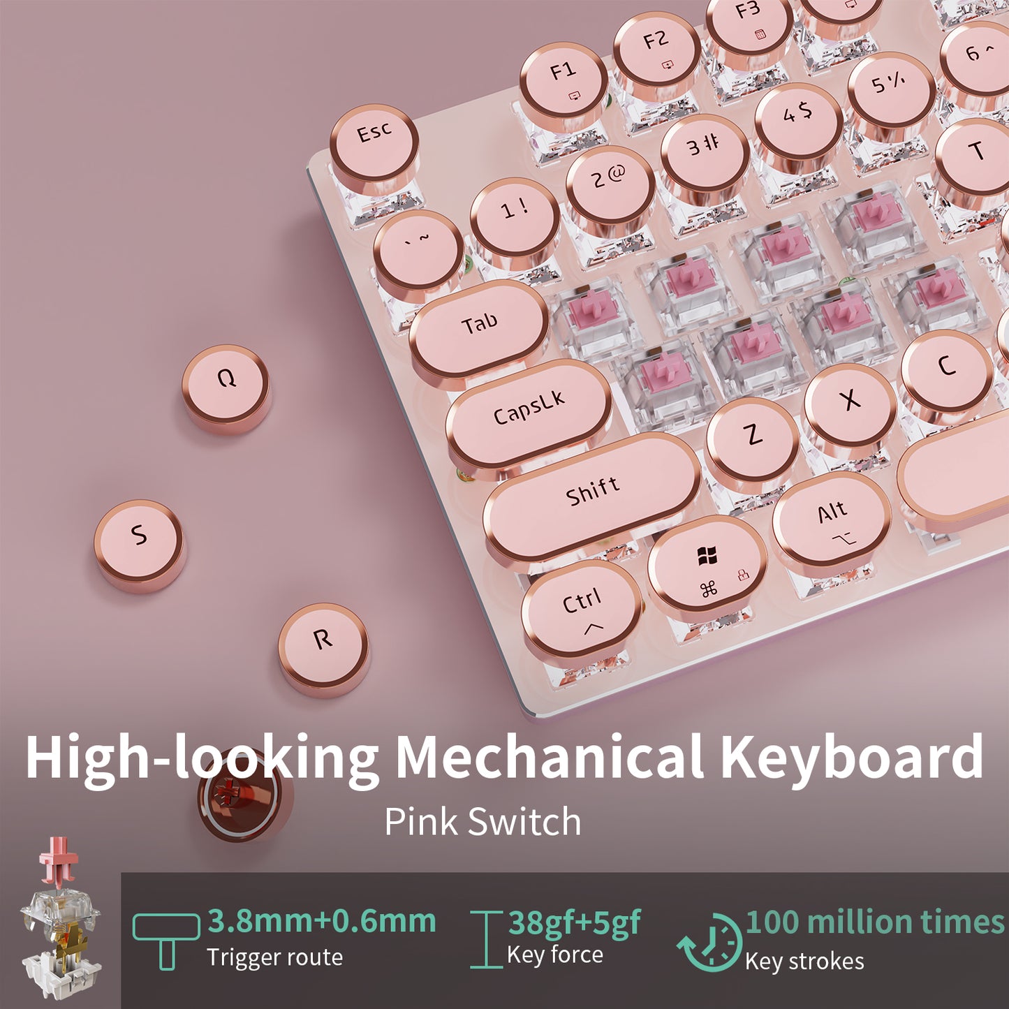 Punk Typewriter Mechanical Gaming Keyboard LED White Backlit Round Keycaps KeyWire Separation 8