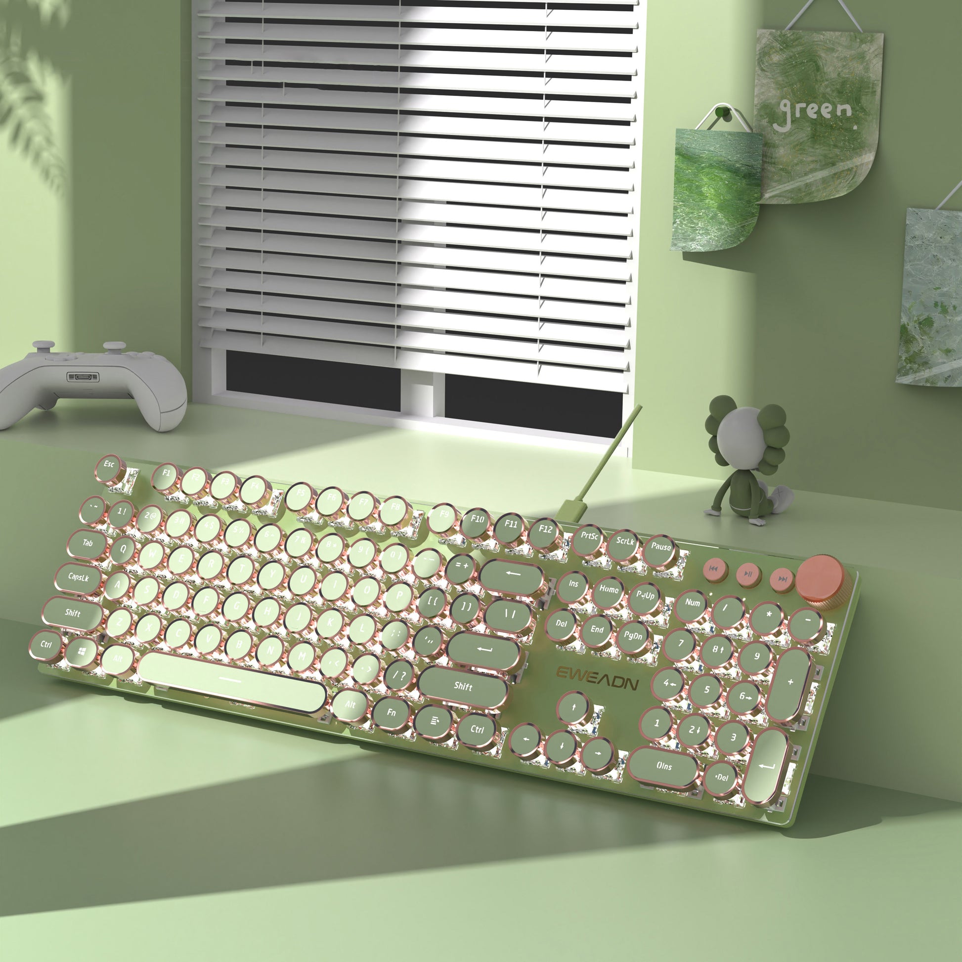 Punk Typewriter Mechanical Gaming Keyboard, LED White Backlit, Round Keycaps, Key-Wire Separation