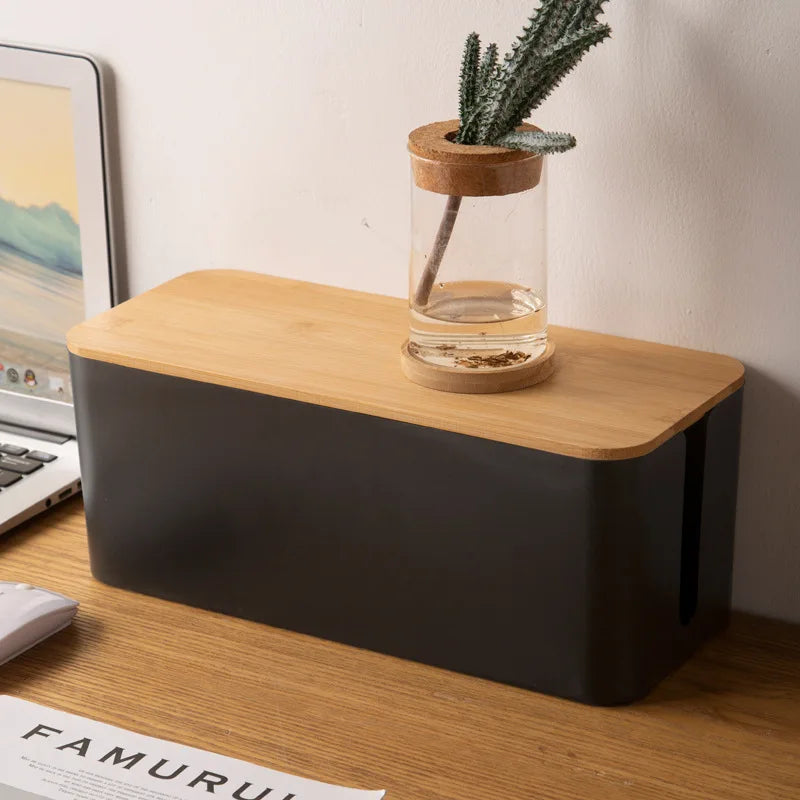 Creative Bamboo Wood Cover Cable Management Box, Power Cord Storage, Plug Board Organizer for Home, Office