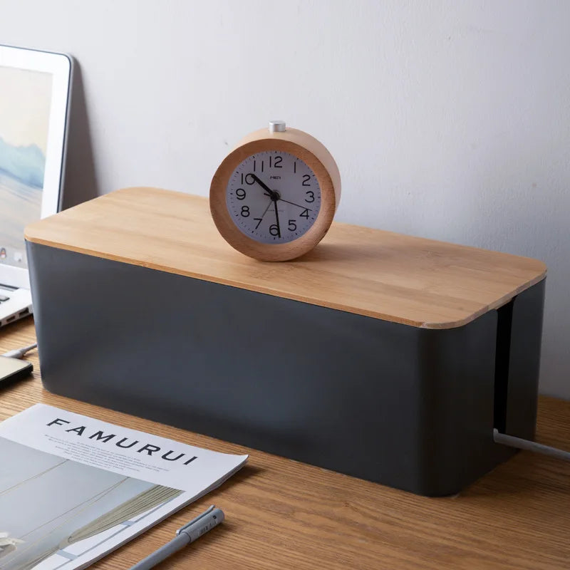 Creative Bamboo Wood Cover Cable Management Box, Power Cord Storage, Plug Board Organizer for Home, Office