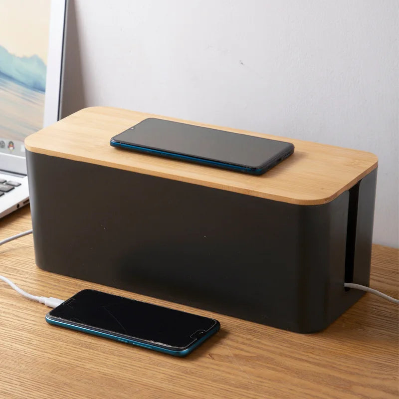 Creative Bamboo Wood Cover Cable Management Box, Power Cord Storage, Plug Board Organizer for Home, Office
