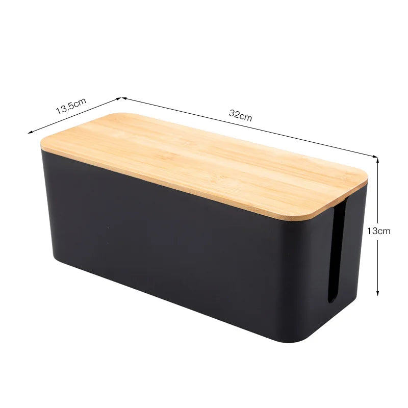 Creative Bamboo Wood Cover Cable Management Box, Power Cord Storage, Plug Board Organizer for Home, Office