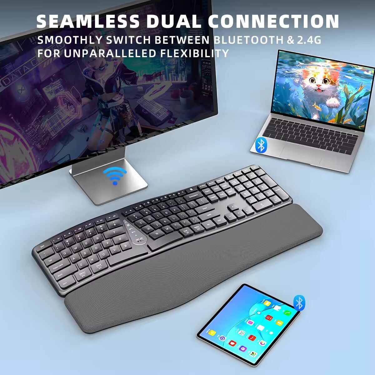 Comfortable Wireless Ergonomic Keyboard With Palm Rest MultiDevice Rechargeable Bluetooth Keyboard  2