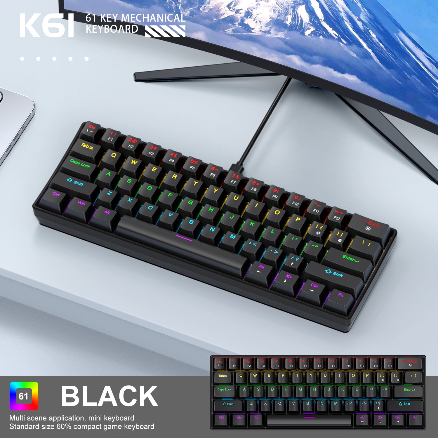 Mini Mechanical Keyboard, RGB Phantom Lighting, Wired Type-C, Blue/Red Switch, Portable Mechanical Keyboard