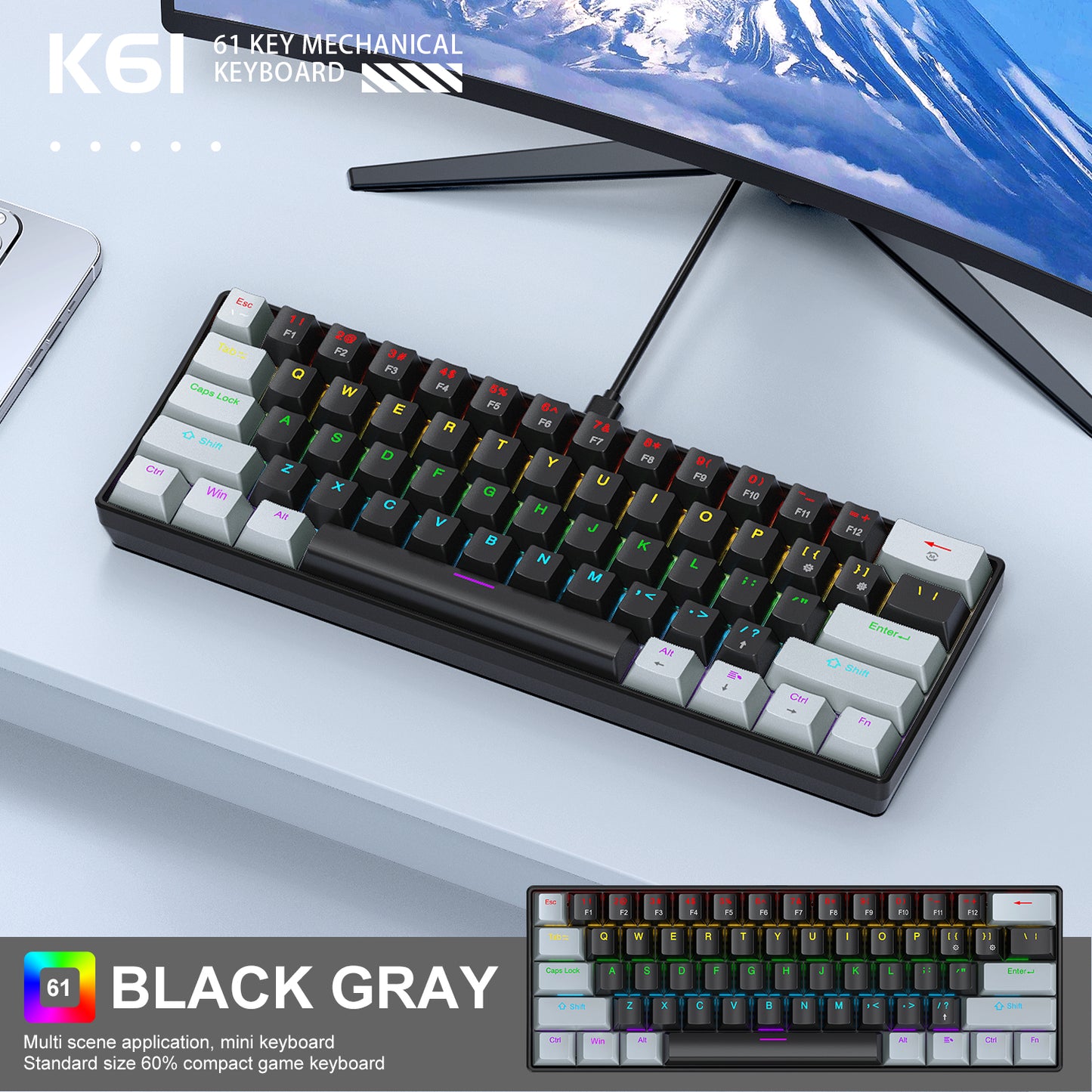 Mini Mechanical Keyboard, RGB Phantom Lighting, Wired Type-C, Blue/Red Switch, Portable Mechanical Keyboard