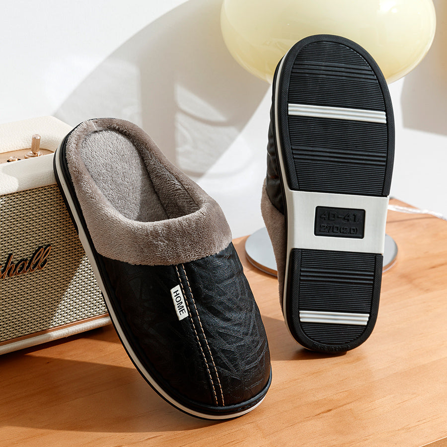 Indoor Waterproof Fur Flat Men's Winter Slipper, PU Leather Big Sizes Home Houseshoes