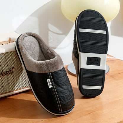 Indoor Waterproof Fur Flat Men's Winter Slipper, PU Leather Big Sizes Home Houseshoes
