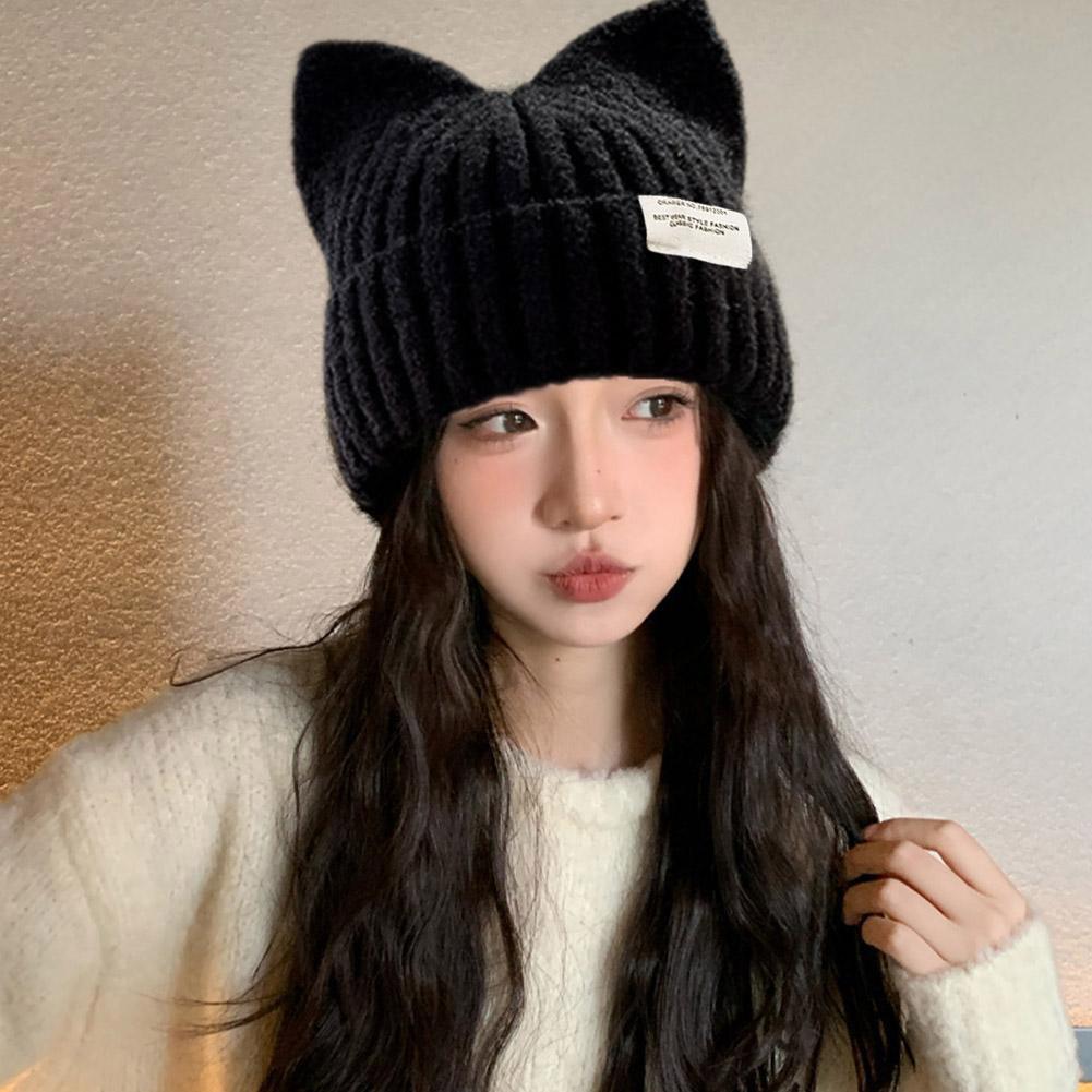 Autumn and Winter Warm Cute Cat Ears Beanies For Women, Sweet Versatile Pullover Knitted Ear Protection Hat