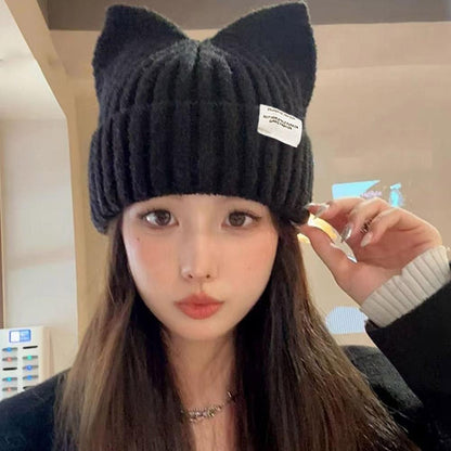 Autumn and Winter Warm Cute Cat Ears Beanies For Women, Sweet Versatile Pullover Knitted Ear Protection Hat