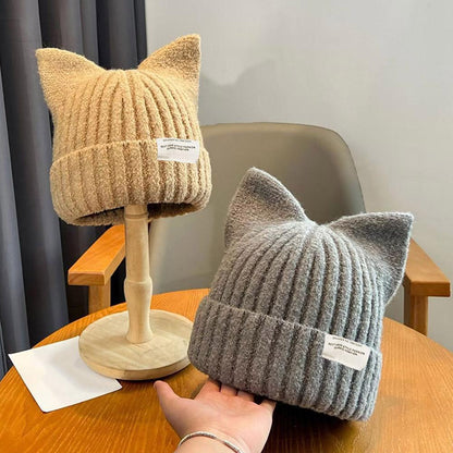 Autumn and Winter Warm Cute Cat Ears Beanies For Women, Sweet Versatile Pullover Knitted Ear Protection Hat