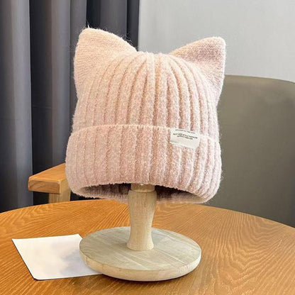 Autumn and Winter Warm Cute Cat Ears Beanies For Women, Sweet Versatile Pullover Knitted Ear Protection Hat