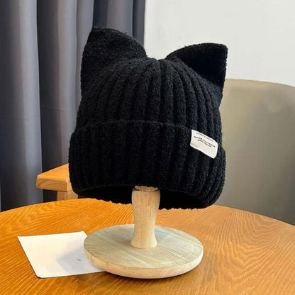 Autumn and Winter Warm Cute Cat Ears Beanies For Women, Sweet Versatile Pullover Knitted Ear Protection Hat