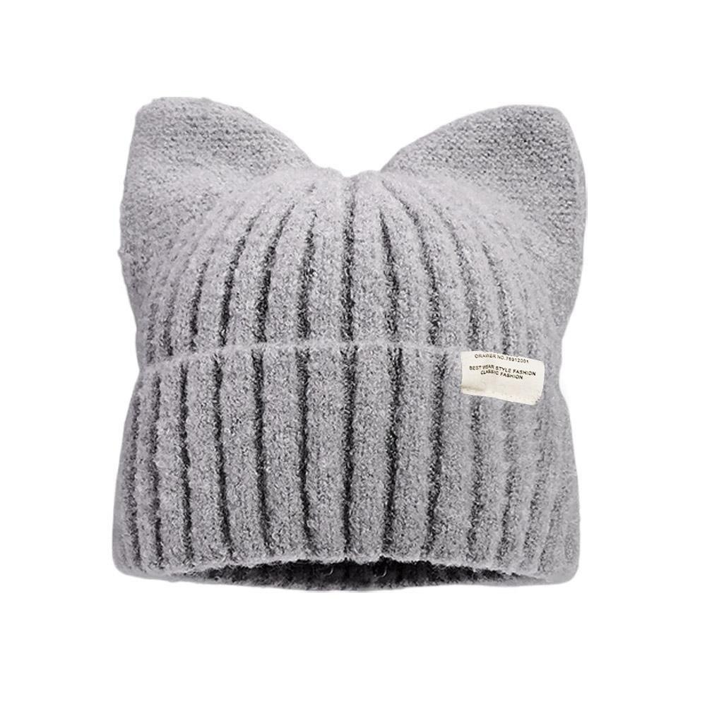 Autumn and Winter Warm Cute Cat Ears Beanies For Women, Sweet Versatile Pullover Knitted Ear Protection Hat