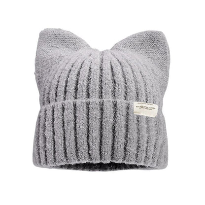 Autumn and Winter Warm Cute Cat Ears Beanies For Women, Sweet Versatile Pullover Knitted Ear Protection Hat