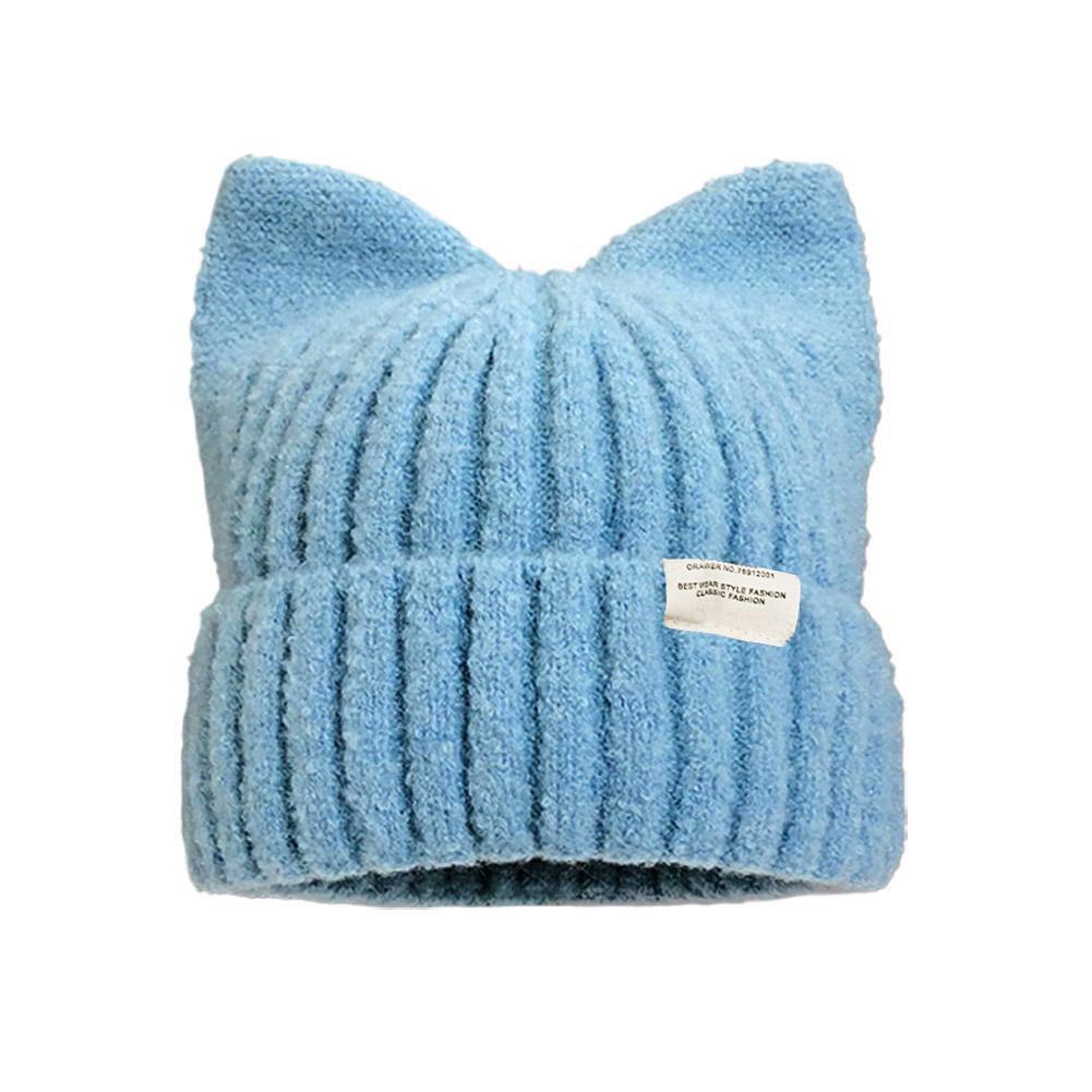 Autumn and Winter Warm Cute Cat Ears Beanies For Women, Sweet Versatile Pullover Knitted Ear Protection Hat