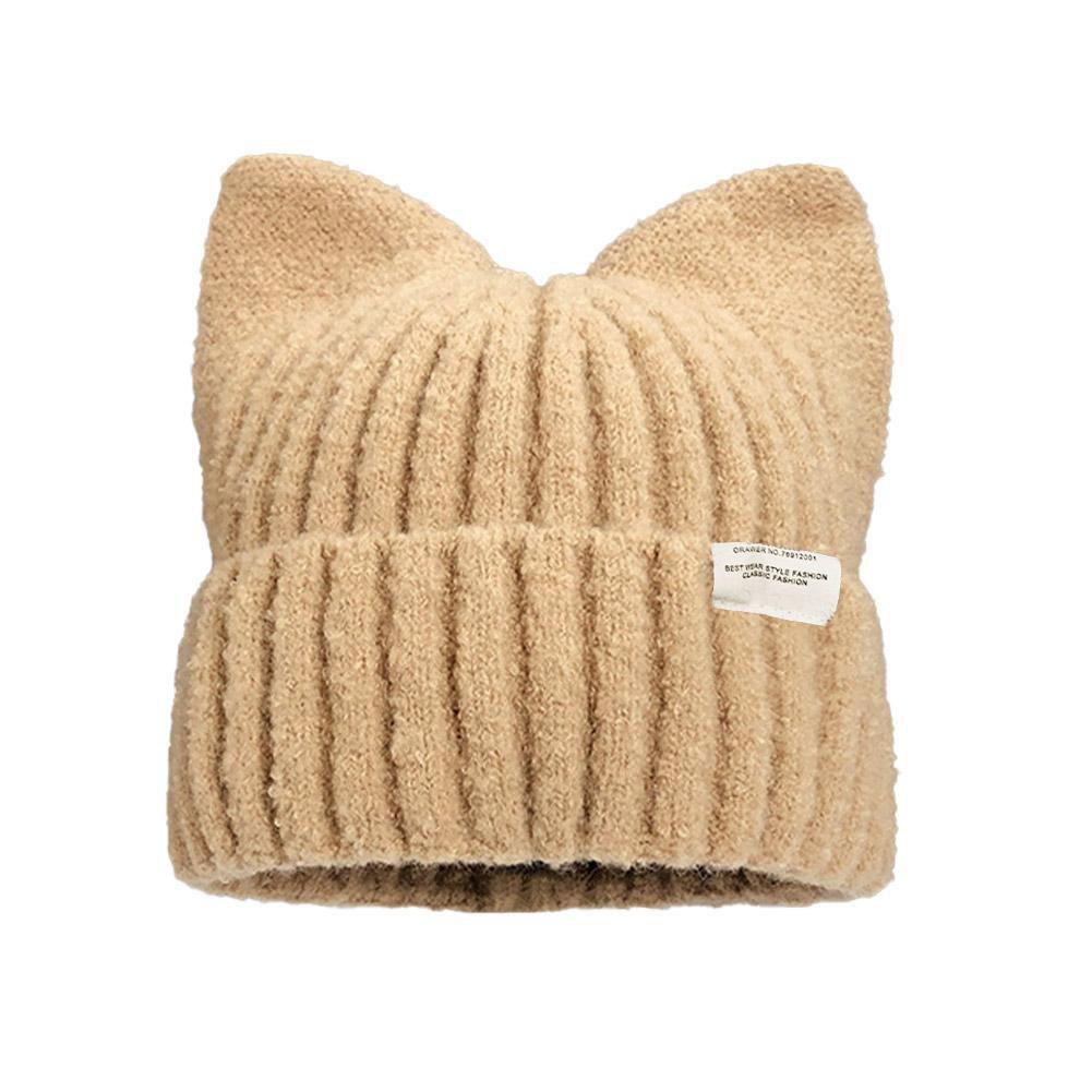Autumn and Winter Warm Cute Cat Ears Beanies For Women, Sweet Versatile Pullover Knitted Ear Protection Hat