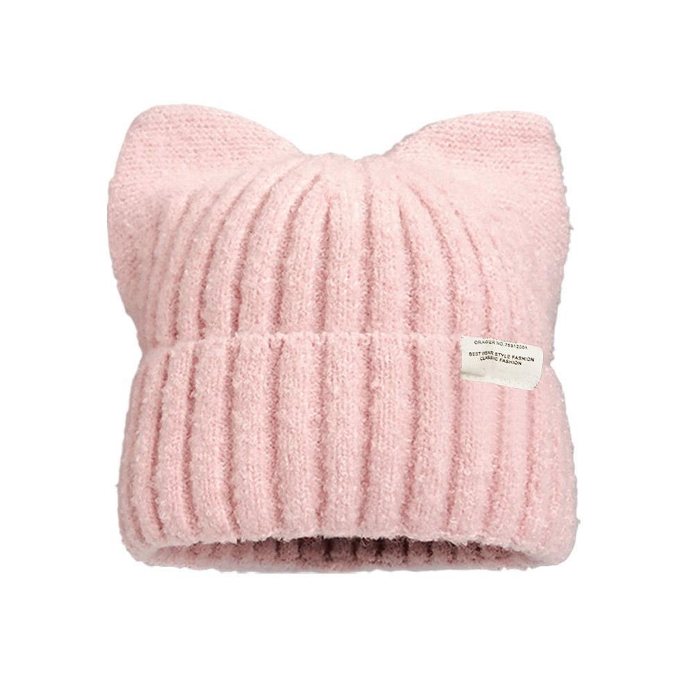 Autumn and Winter Warm Cute Cat Ears Beanies For Women, Sweet Versatile Pullover Knitted Ear Protection Hat