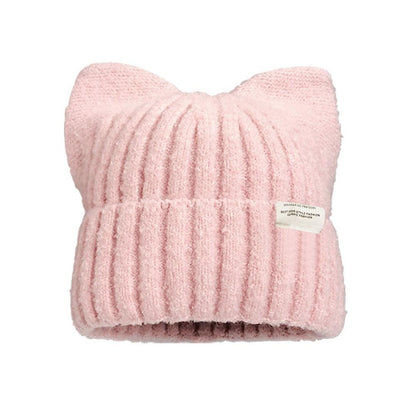 Autumn and Winter Warm Cute Cat Ears Beanies For Women, Sweet Versatile Pullover Knitted Ear Protection Hat