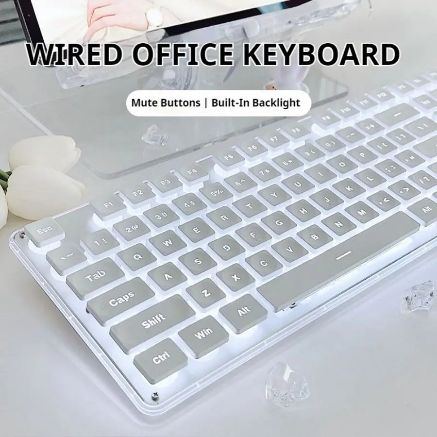 Silent Office Keyboard, Wired with Water Drop Keycaps, All-Metal Panel for Gaming and Office Use