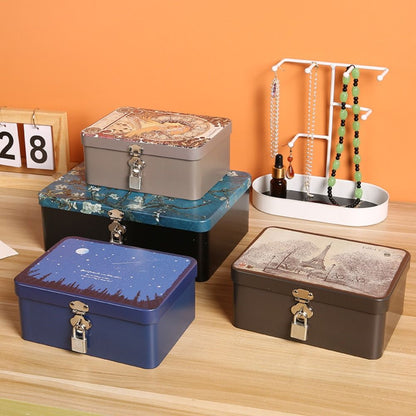 Vintage Large Capacity Tinplate Box With Lock Key Desktop Storage Case Metal Jewelry Box Empty Stor 2