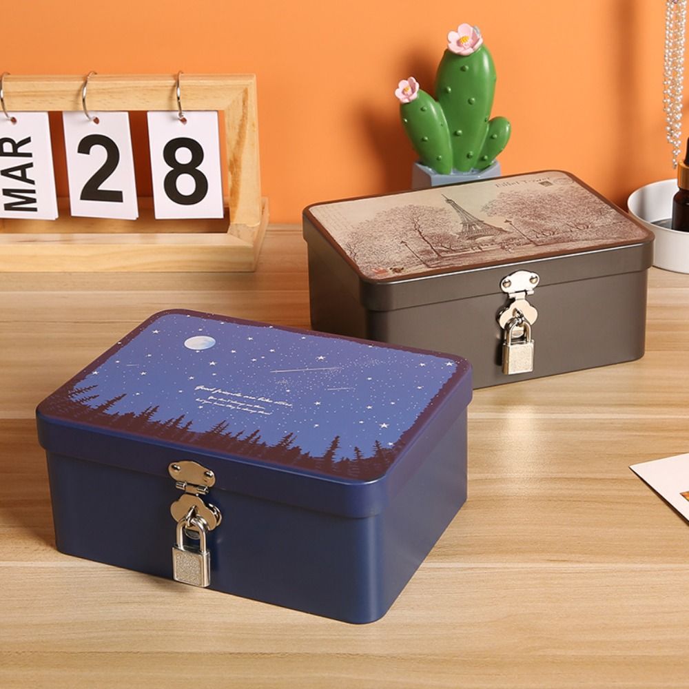 Vintage Large Capacity Tinplate Box With Lock Key Desktop Storage Case Metal Jewelry Box Empty Stor 3
