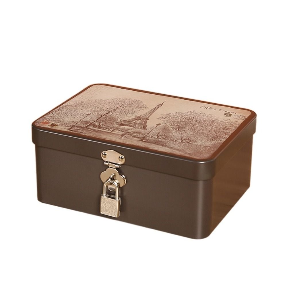 Vintage Large Capacity Tinplate Box With Lock Key Desktop Storage Case Metal Jewelry Box Empty Stor 11