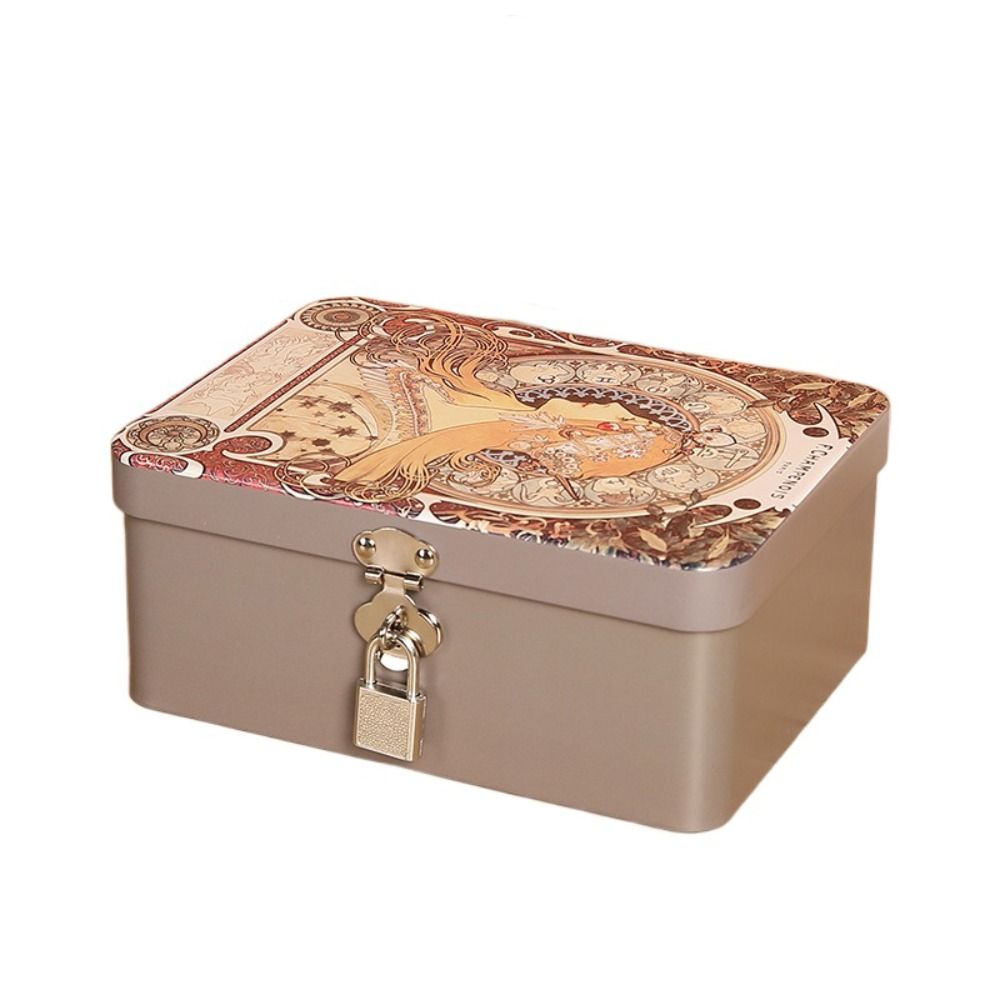 Vintage Large Capacity Tinplate Box With Lock Key Desktop Storage Case Metal Jewelry Box Empty Stor 7