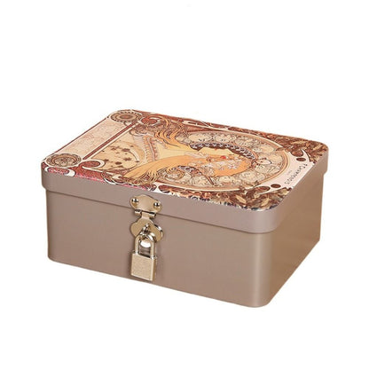 Vintage Large Capacity Tinplate Box With Lock Key Desktop Storage Case Metal Jewelry Box Empty Stor 7