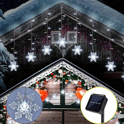 Solar Powered Snowflakes Lights, Waterproof Christmas Curtain Lights for Holiday Decor