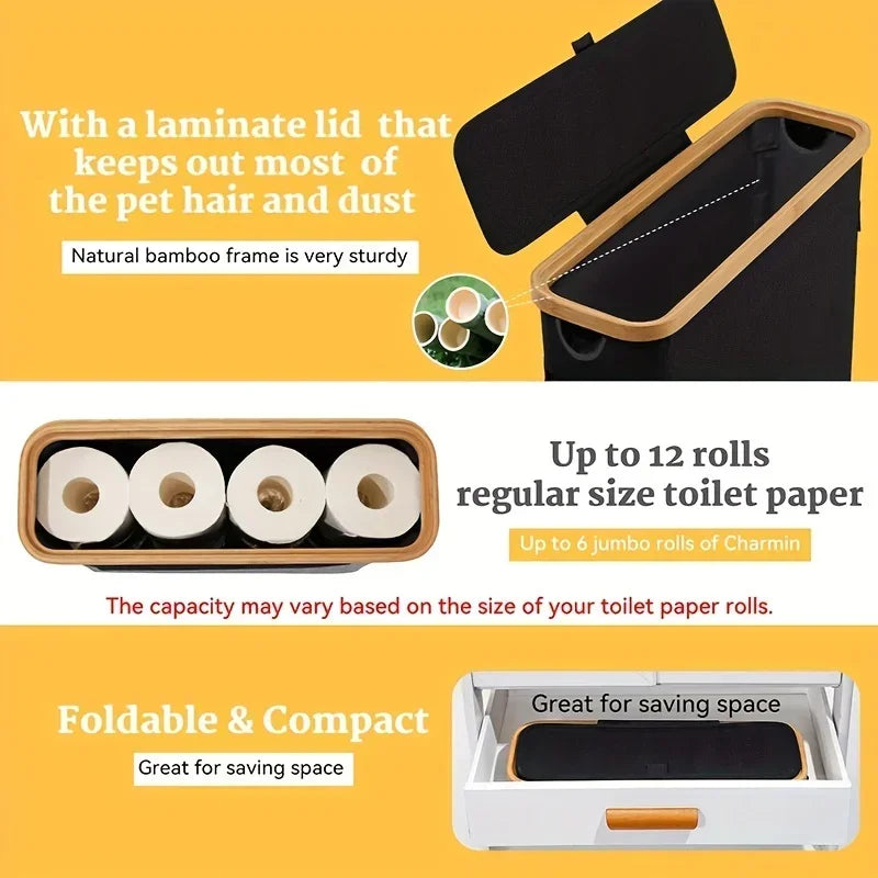 Storage Basket, Large Paper Holder with Lid, Storage Shelf for Rolls of Toilet Paper, Oxford Cloth Bamboo Storage Rack