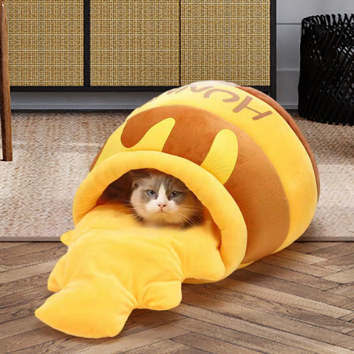 Cat Bed Warm Comfortable, Kennel Nest Pet Cat Bed Soft, Removable Cushion Nonslip Bottom, Cartoon House Honey Pot Cave