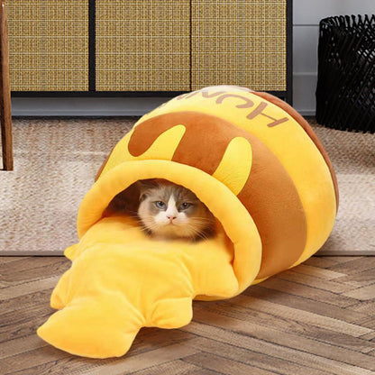 Cat Bed Warm Comfortable, Kennel Nest Pet Cat Bed Soft, Removable Cushion Nonslip Bottom, Cartoon House Honey Pot Cave