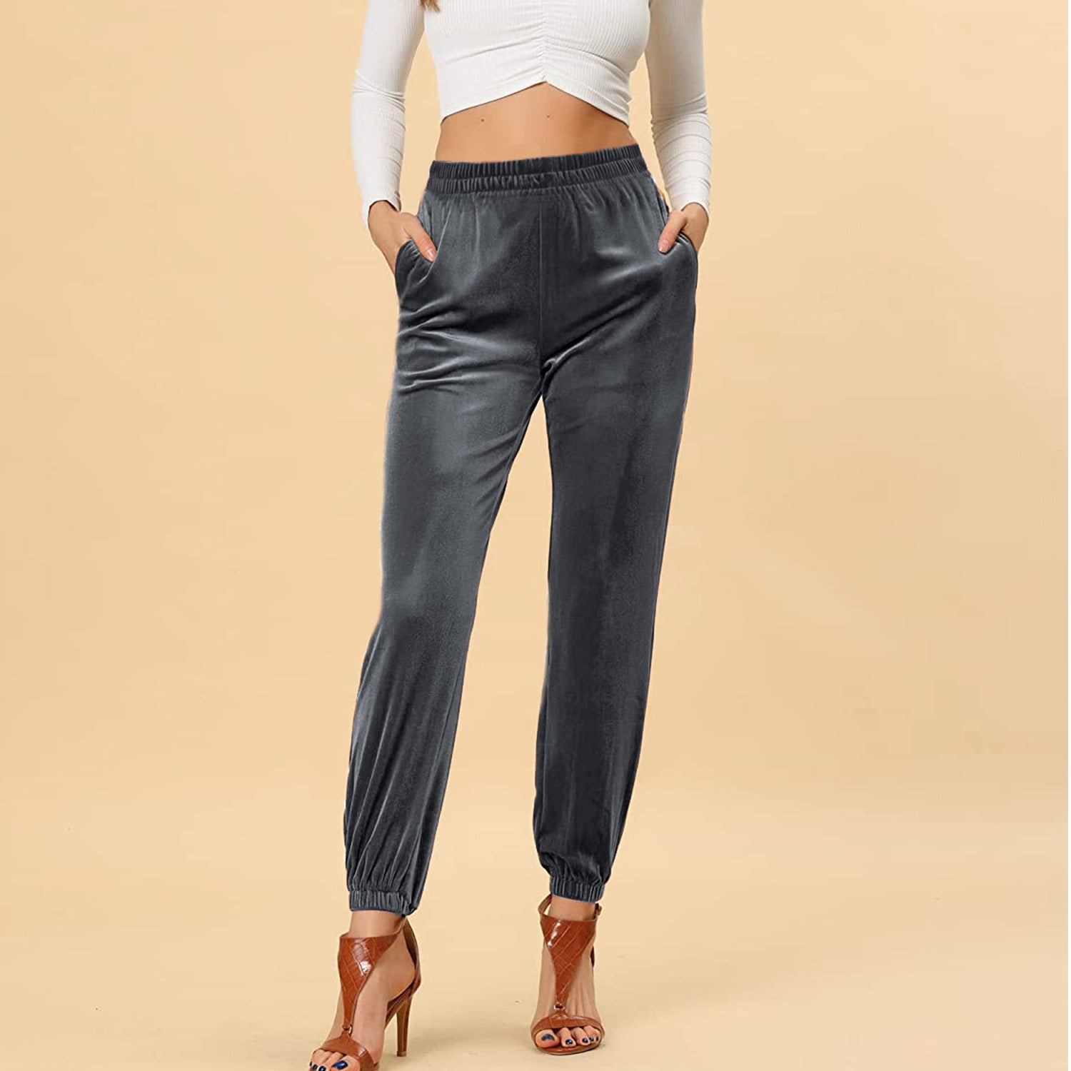 Velvet Velour Joggers For Women High Waist Harem Relaxed Fit Pants 4