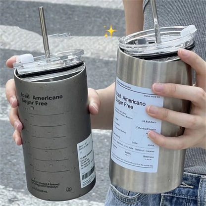 Premium 600 ml Stainless Steel Vacuum Bottle – Portable Insulated Coffee & Water Tumbler with Straw