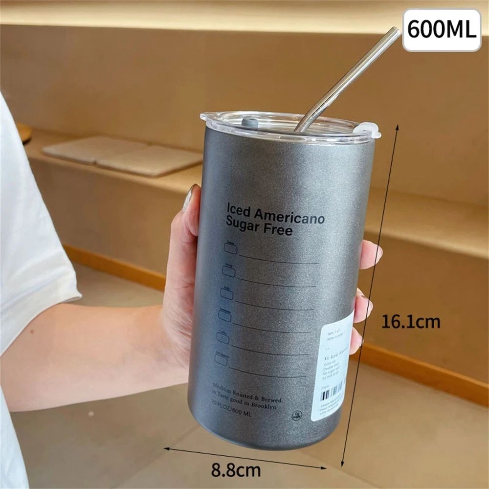 Premium 600 Ml Stainless Steel Vacuum Bottle  Portable Insulated Coffee  Water Tumbler With Straw 7