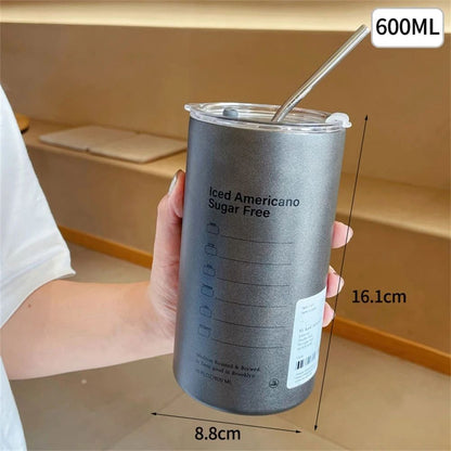 Premium 600 Ml Stainless Steel Vacuum Bottle  Portable Insulated Coffee  Water Tumbler With Straw 7