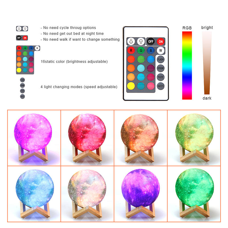 Rechargeable Print Moon Lamp LED Night Light with Colors Remote Control Atmosphere Lamp for Bedroom Decor Christma