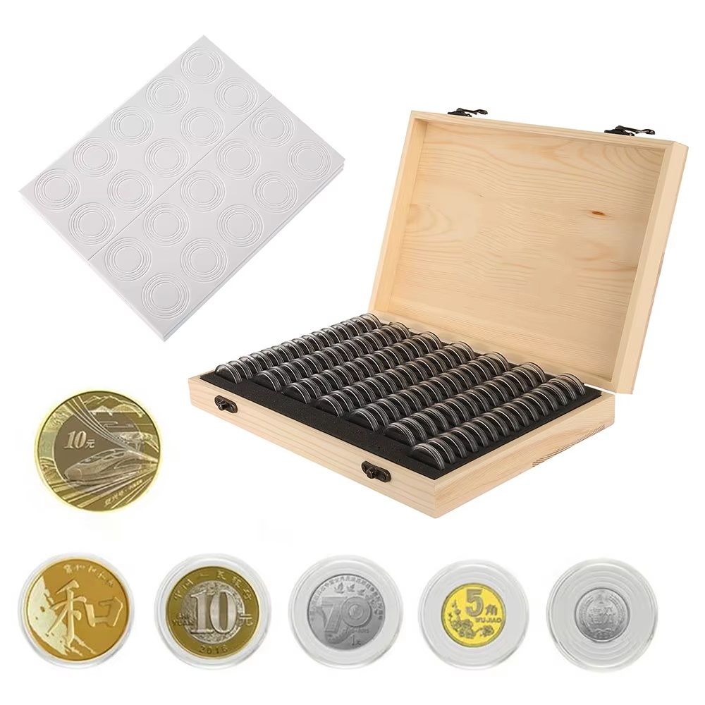 Clear Coin Capsule, Universal Coin Storage Box with Adjustment Pad, Adjustable Wooden Commemorative Coin Medal Container