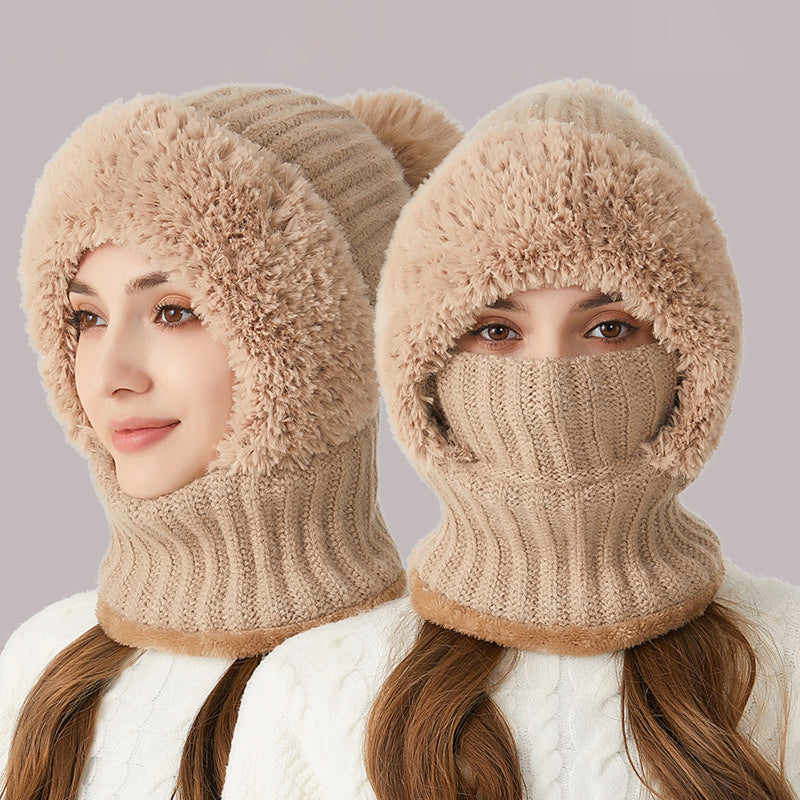Winter Warm Knitted Hat Fashion Windproof Scarf Mask Onepiece Hat With Fluff Thickening For Women 6