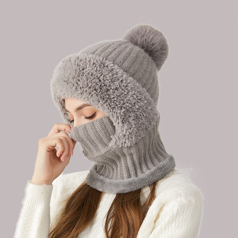 Winter Warm Knitted Hat Fashion Windproof Scarf Mask One-piece Hat with Fluff Thickening for Women