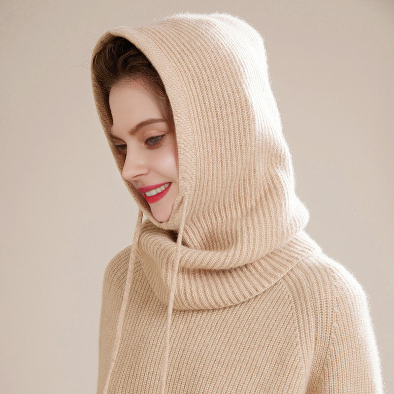 Soft Warm Wool Knitted Balaclava Hat For Women Cashmere Hooded Drawstring Ski Bonnet Neck Protect Face Cap Winter