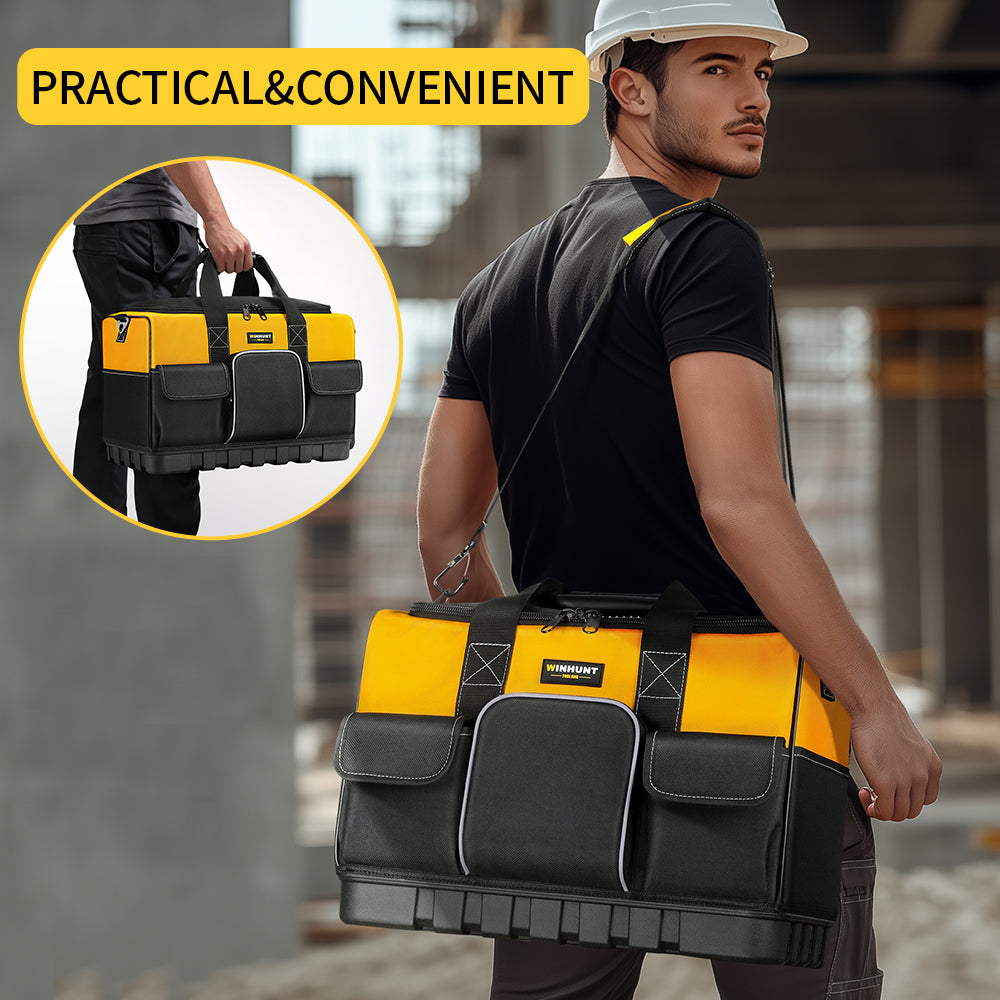 Durable Polyester Heavy-Duty Tool Bag with Wide Mouth & Waterproof Base, Adjustable Shoulder Strap